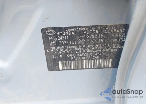2011 Hyundai Elantra Gls (Ulsan Plant) z USA, uszkodzony, nr VIN KMHDH4AE0BU114549